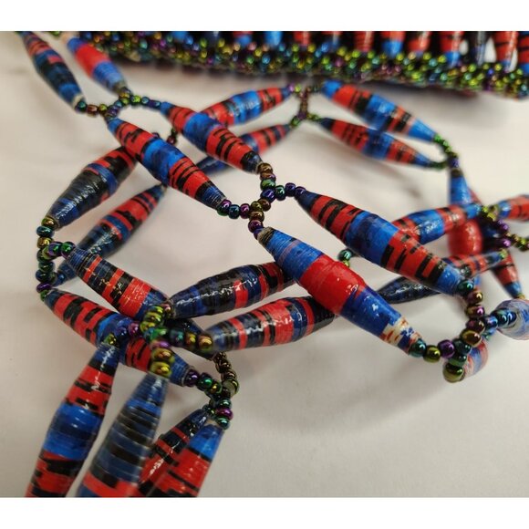 Handmade Rolled Paper Glass Bead Purse, Crossbody Torsade Africa, Red Black Blue - Picture 2 of 4